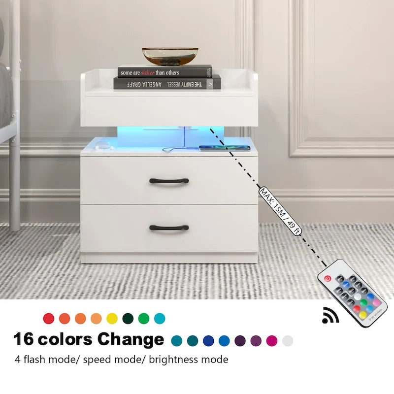 Comodino Intelligente con Striscia Luminosa a LED Regolabile, Mobile Contenitore con 2 Cassetti, Tavolino da Divano, Tavolino da Caffè
