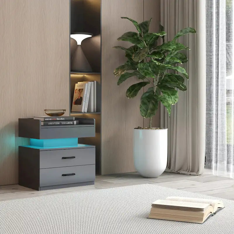 Comodino Intelligente con Striscia Luminosa a LED Regolabile, Mobile Contenitore con 2 Cassetti, Tavolino da Divano, Tavolino da Caffè