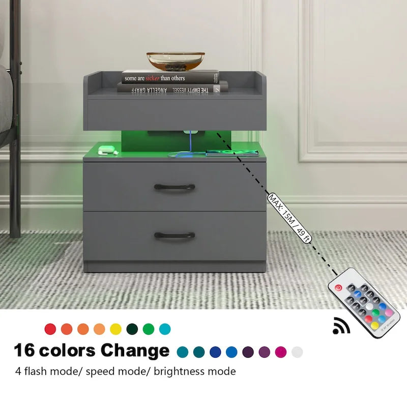 Comodino Intelligente con Striscia Luminosa a LED Regolabile, Mobile Contenitore con 2 Cassetti, Tavolino da Divano, Tavolino da Caffè