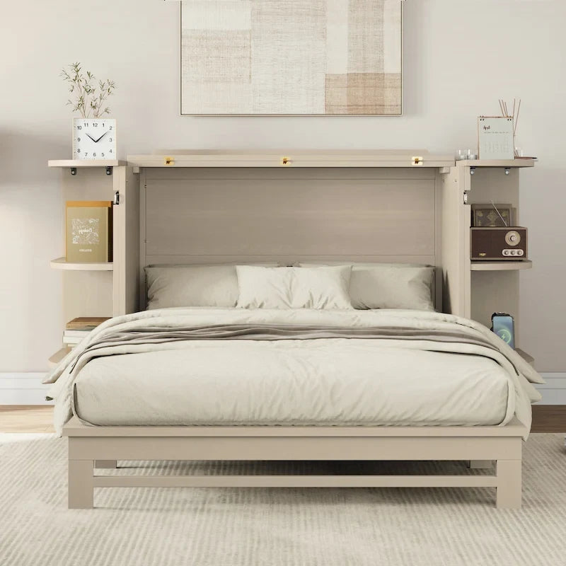 Letto a Scomparsa a Muro con Piattaforma Pieghevole per Fattoria, Mobile Contenitore Trasformabile con Mensole Curve e Stazione di Ricarica