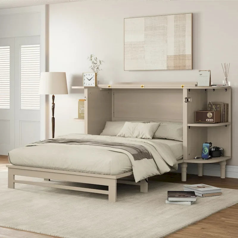 Letto a Scomparsa a Muro con Piattaforma Pieghevole per Fattoria, Mobile Contenitore Trasformabile con Mensole Curve e Stazione di Ricarica