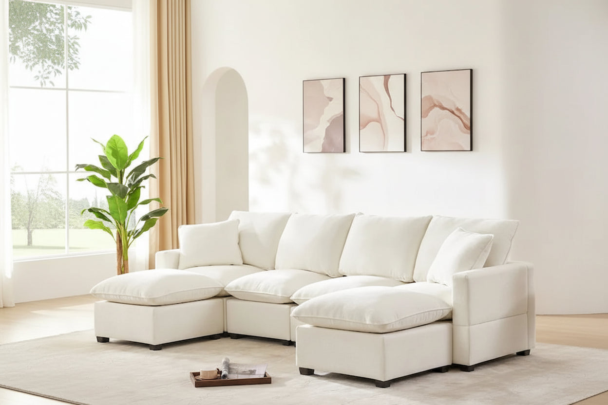 U Shape Modular Sofa, 6 Seat Chenille Deep Seat Sectional Couch