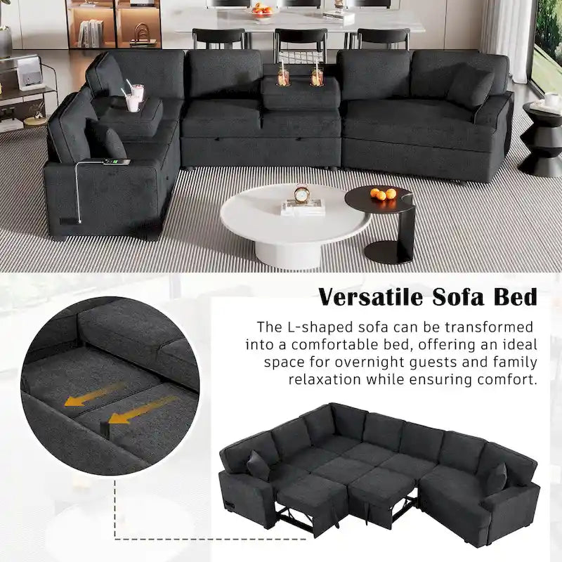 Divano componibile a L a 6 posti da 126" con letto estraibile, porte di ricarica USB e tavolini a scomparsa con portabicchieri