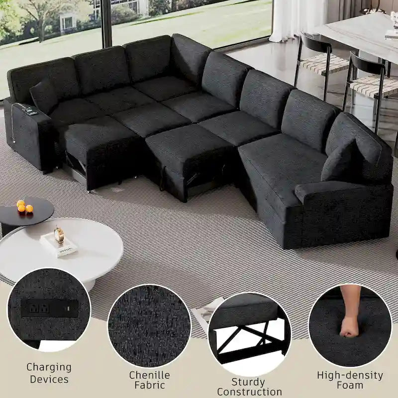 Divano componibile a L a 6 posti da 126" con letto estraibile, porte di ricarica USB e tavolini a scomparsa con portabicchieri