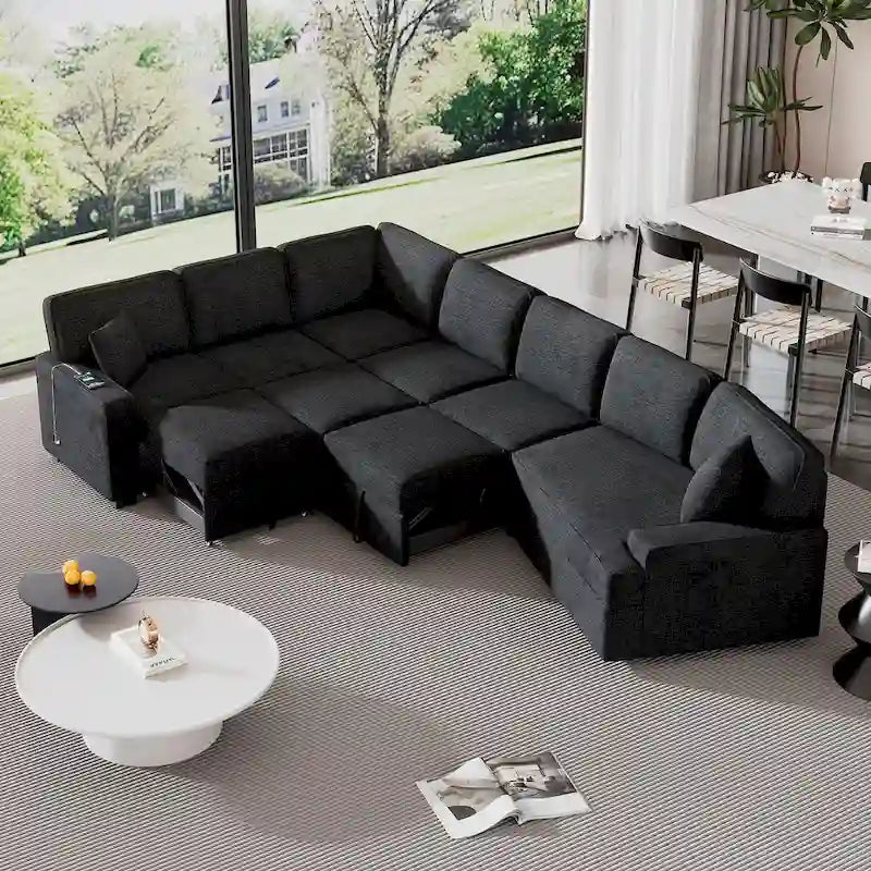 Divano componibile a L a 6 posti da 126" con letto estraibile, porte di ricarica USB e tavolini a scomparsa con portabicchieri