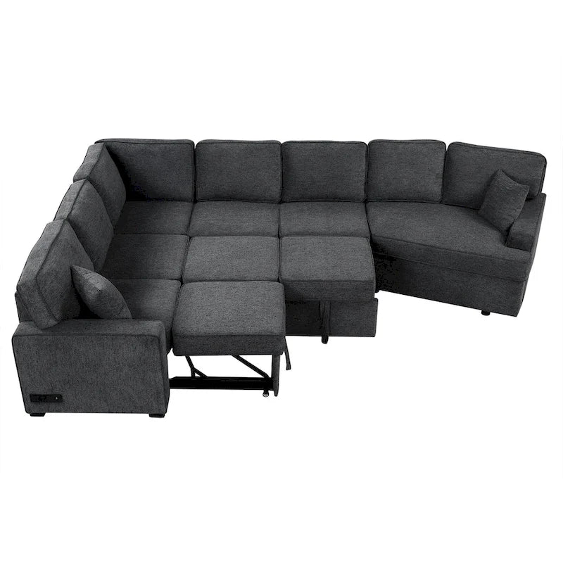 Divano componibile a L a 6 posti da 126" con letto estraibile, porte di ricarica USB e tavolini a scomparsa con portabicchieri