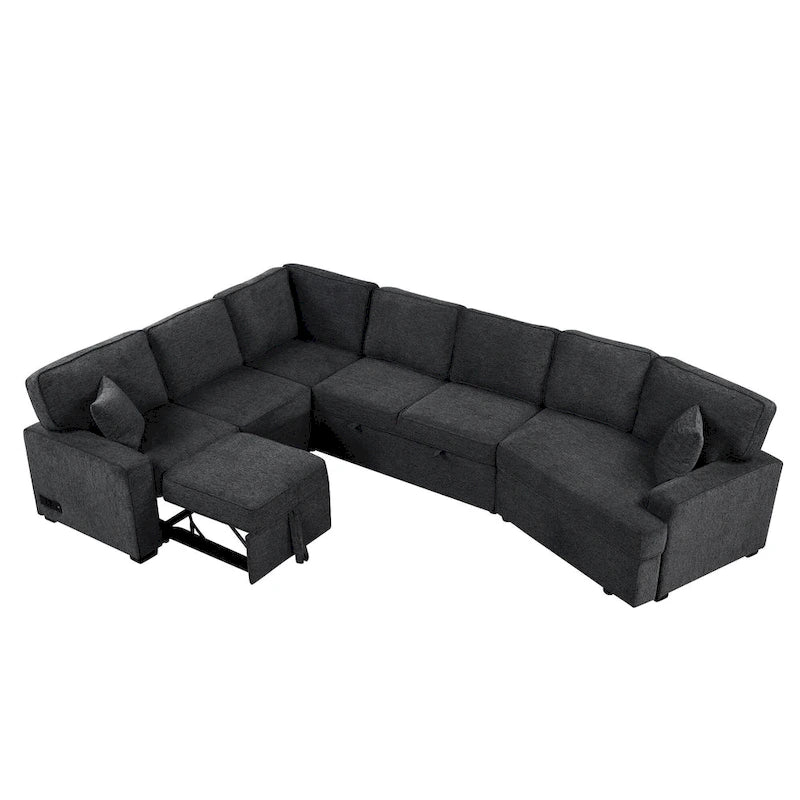 Divano componibile a L a 6 posti da 126" con letto estraibile, porte di ricarica USB e tavolini a scomparsa con portabicchieri