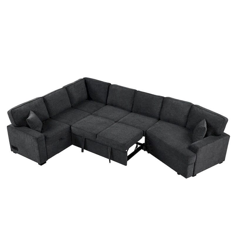 Divano componibile a L a 6 posti da 126" con letto estraibile, porte di ricarica USB e tavolini a scomparsa con portabicchieri