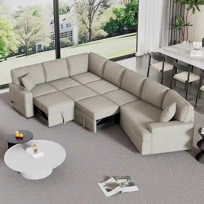 Divano componibile a L a 6 posti da 126" con letto estraibile, porte di ricarica USB e tavolini a scomparsa con portabicchieri