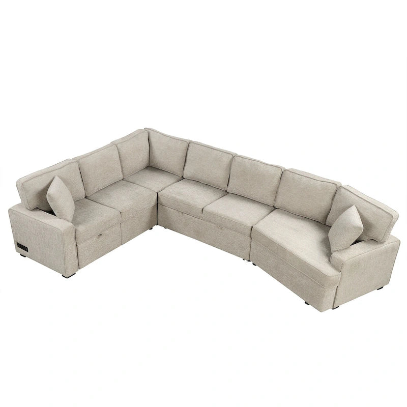 Divano componibile a L a 6 posti da 126" con letto estraibile, porte di ricarica USB e tavolini a scomparsa con portabicchieri