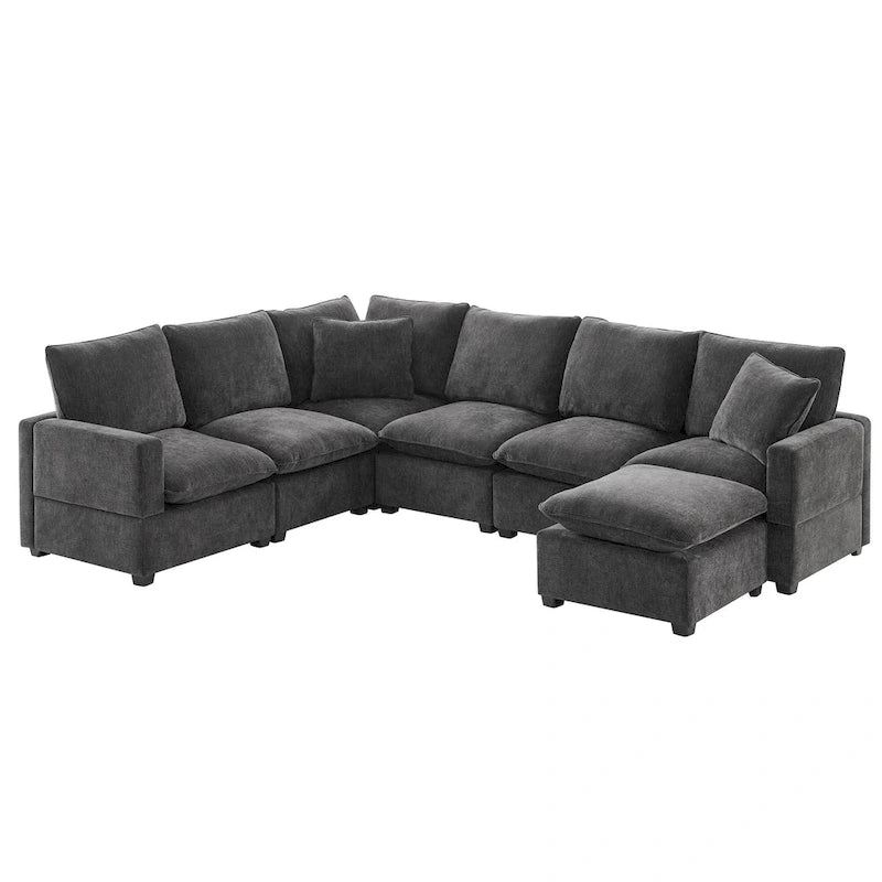 Divano componibile angolare a 7 posti in ciniglia nera 110 modulare con 2 cuscini e pouf per soggiorno o appartamento