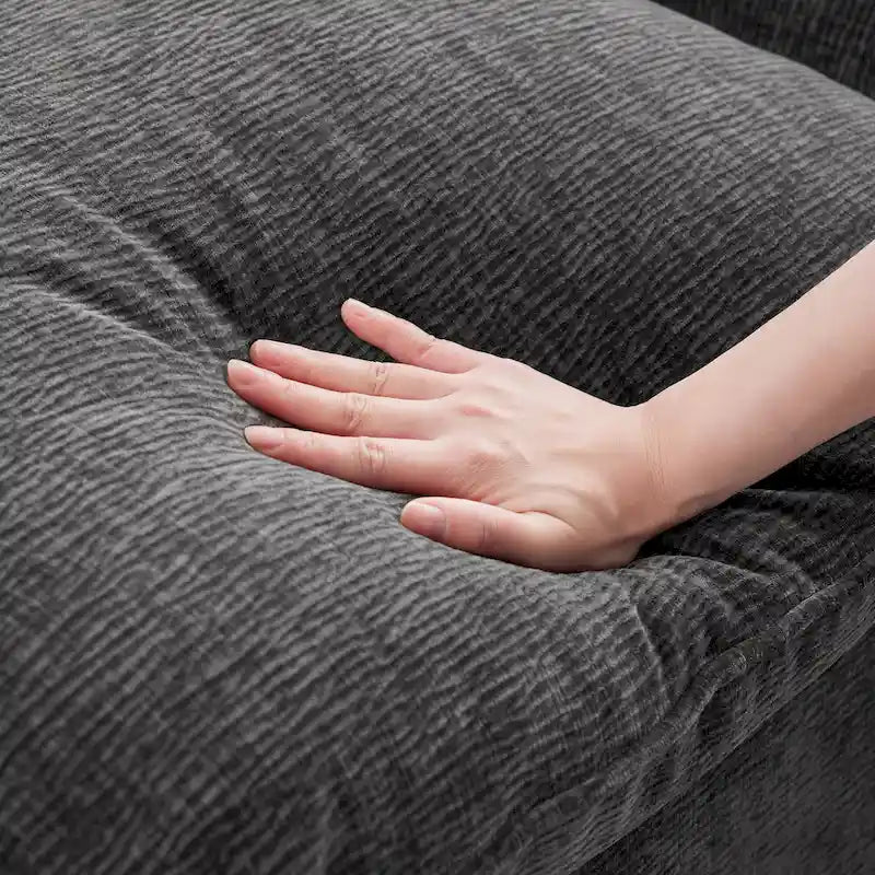 Divano componibile angolare a 7 posti in ciniglia nera 110 modulare con 2 cuscini e pouf per soggiorno o appartamento