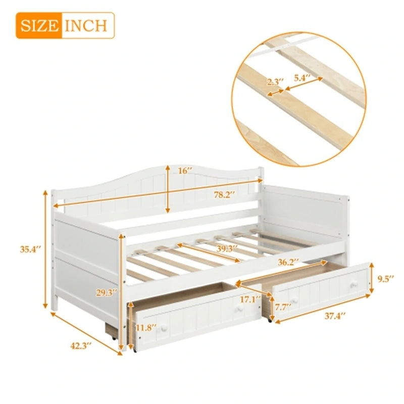 Divano Letto Singolo in Legno con 2 Cassetti / Letto Estraibile, Divano Letto per Camera da Letto Soggiorno, Nessuna Rete a Molle Necessaria