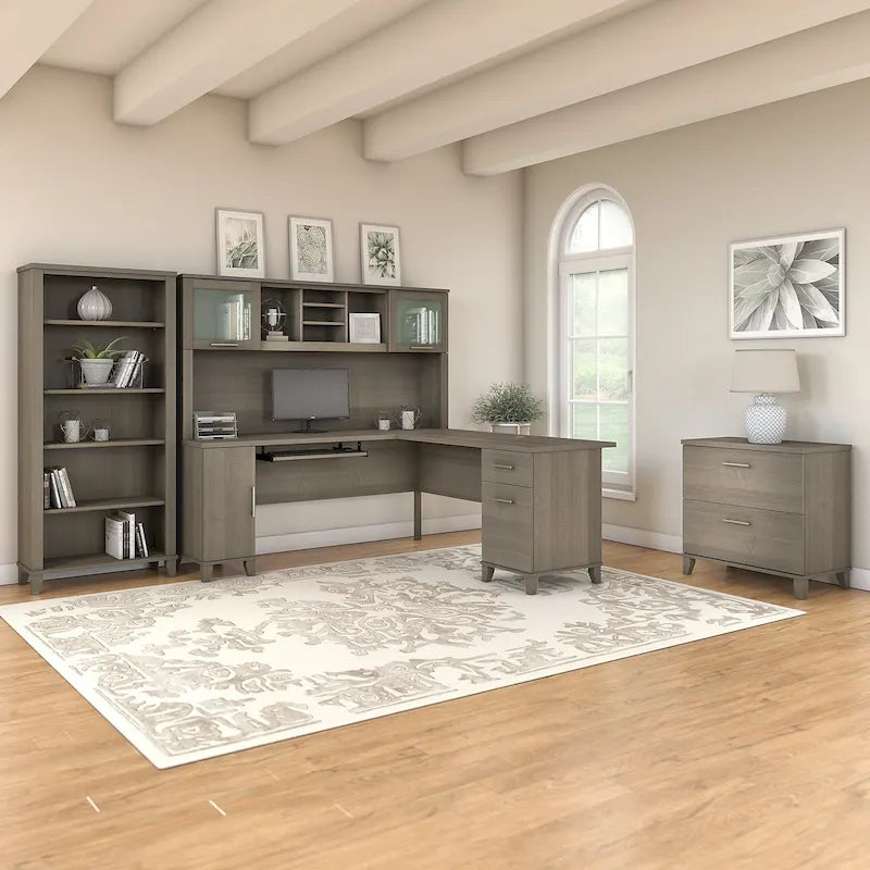 Scrivania angolare a L da 72" con pensile, armadietto e libreria, colore grigio