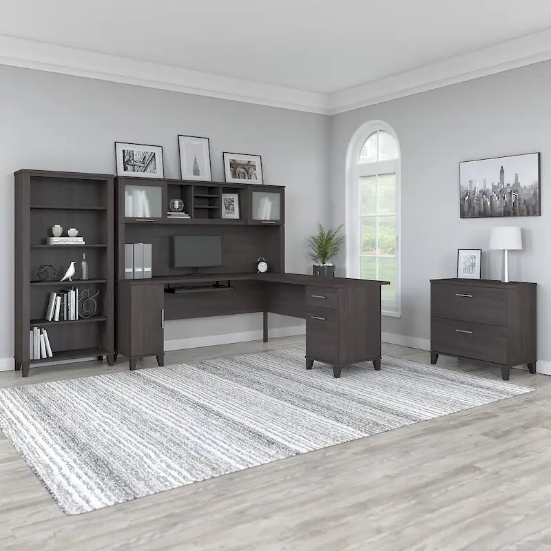 Scrivania angolare a L da 72" con pensile, armadietto e libreria, colore grigio
