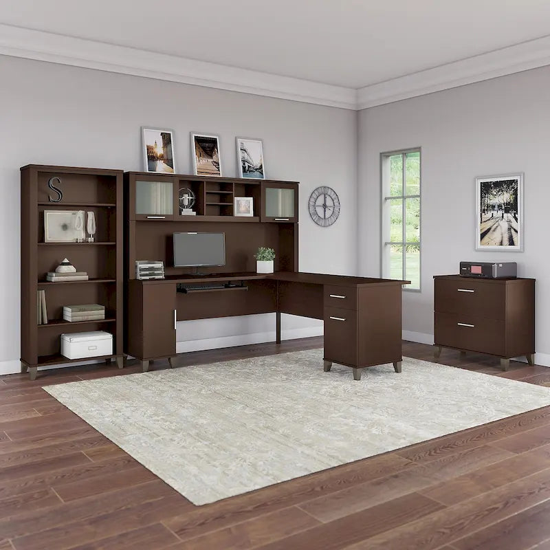 Scrivania angolare a L da 72" con pensile, armadietto e libreria, colore grigio