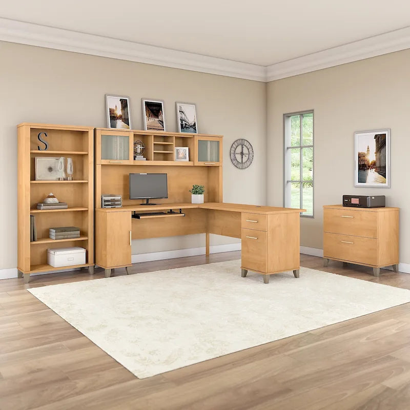 Scrivania angolare a L da 72" con pensile, armadietto e libreria, colore grigio