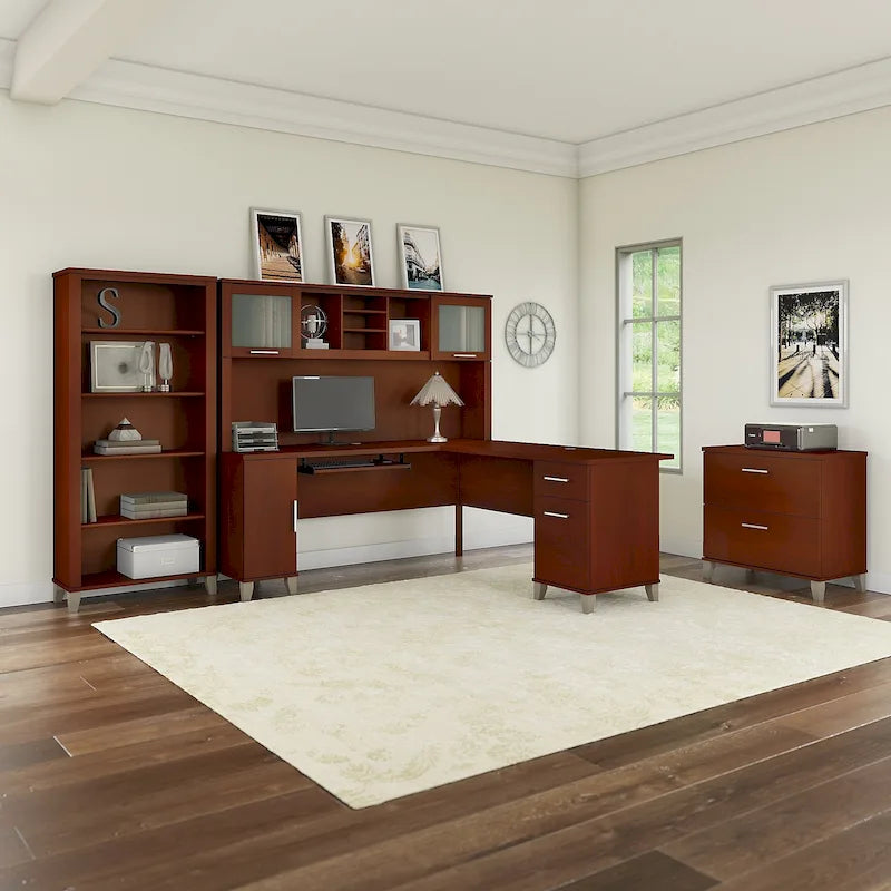 Scrivania angolare a L da 72" con pensile, armadietto e libreria, colore grigio