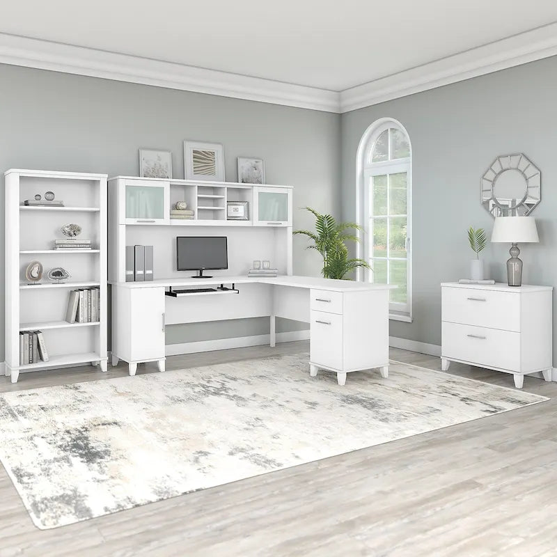 Scrivania angolare a L da 72" con pensile, armadietto e libreria, colore grigio