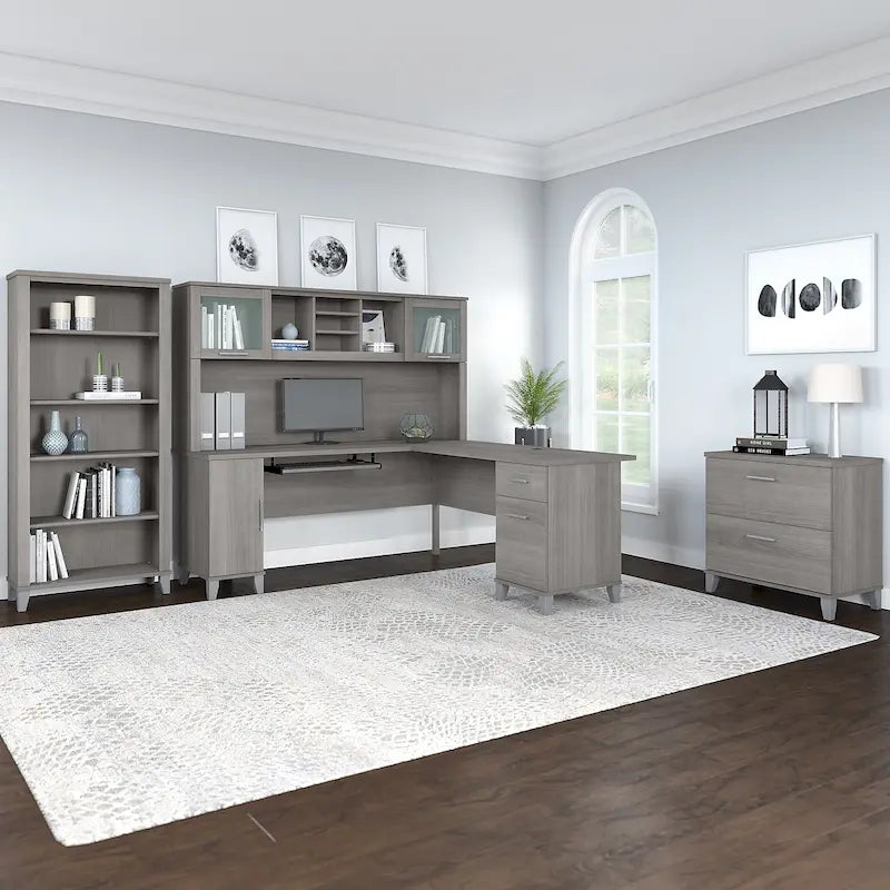 Scrivania angolare a L da 72" con pensile, armadietto e libreria, colore grigio