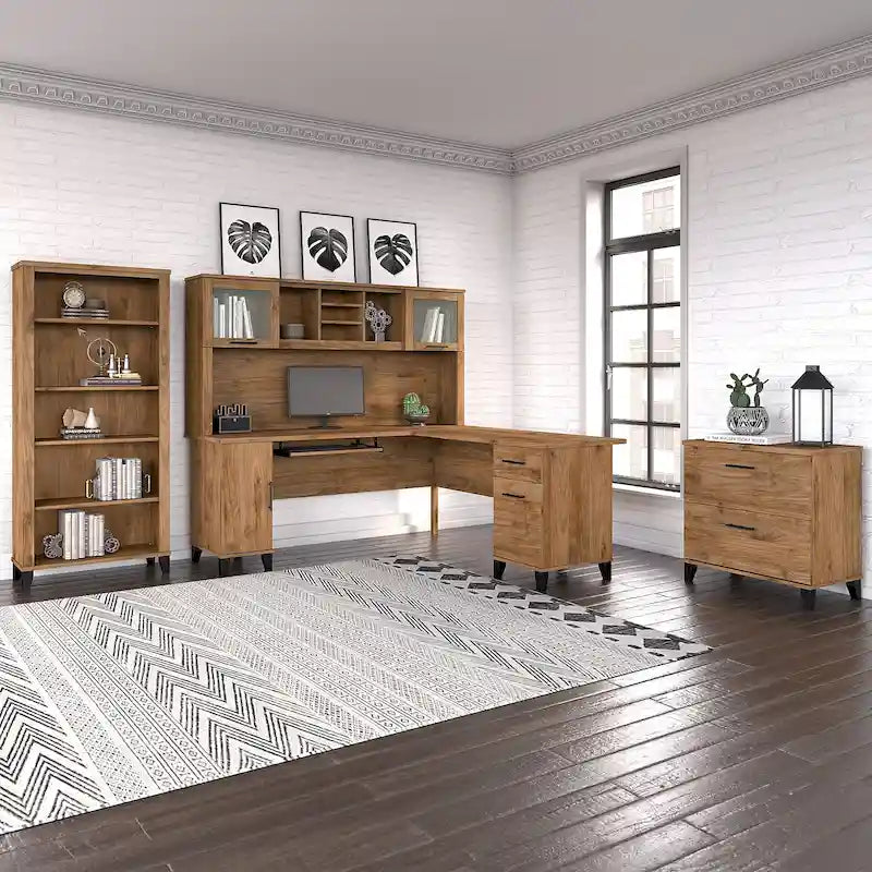 Scrivania angolare a L da 72" con pensile, armadietto e libreria, colore grigio