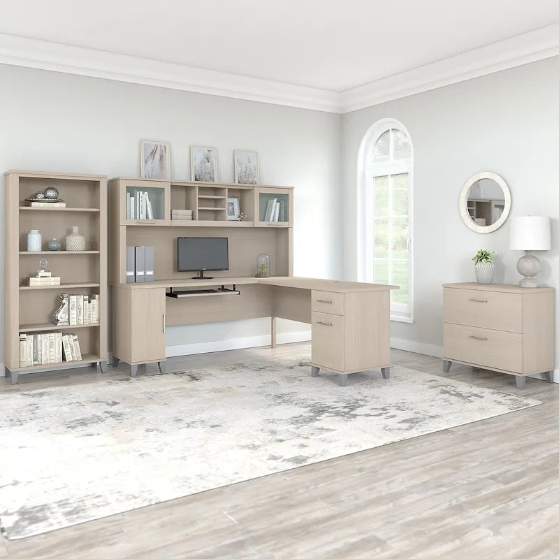 Scrivania angolare a L da 72" con pensile, armadietto e libreria, colore grigio