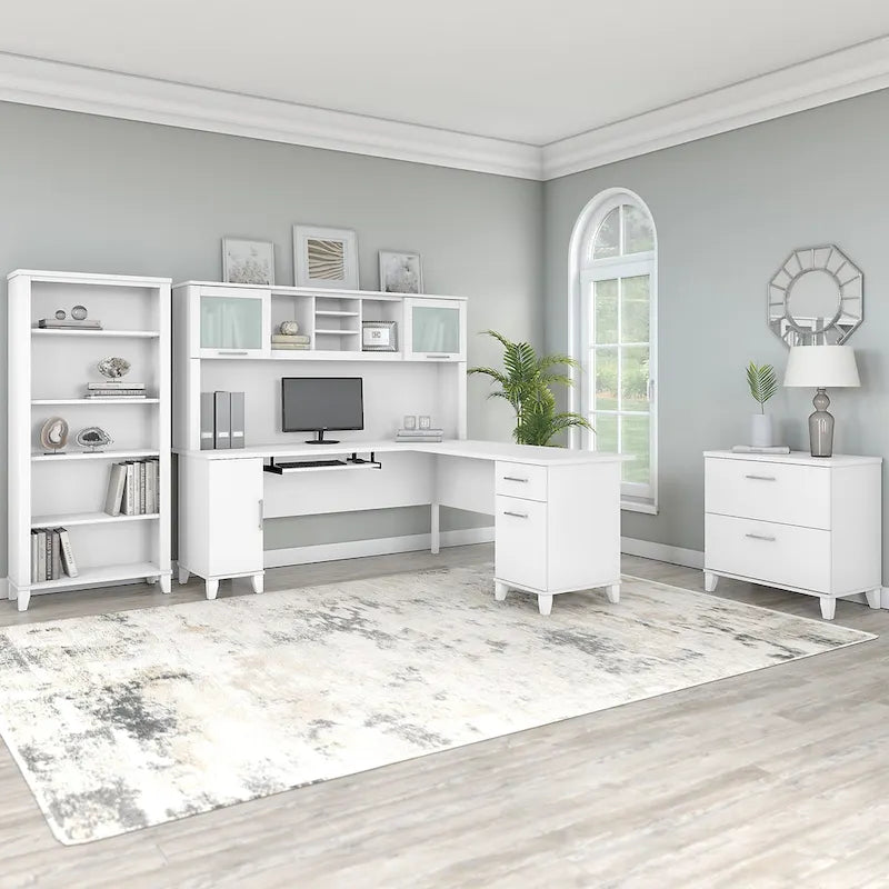 Scrivania angolare a L da 72" con pensile, armadietto e libreria, colore grigio