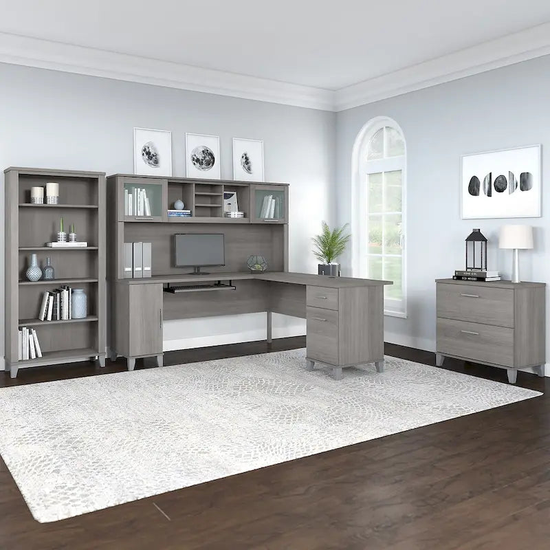 Scrivania angolare a L da 72" con pensile, armadietto e libreria, colore grigio