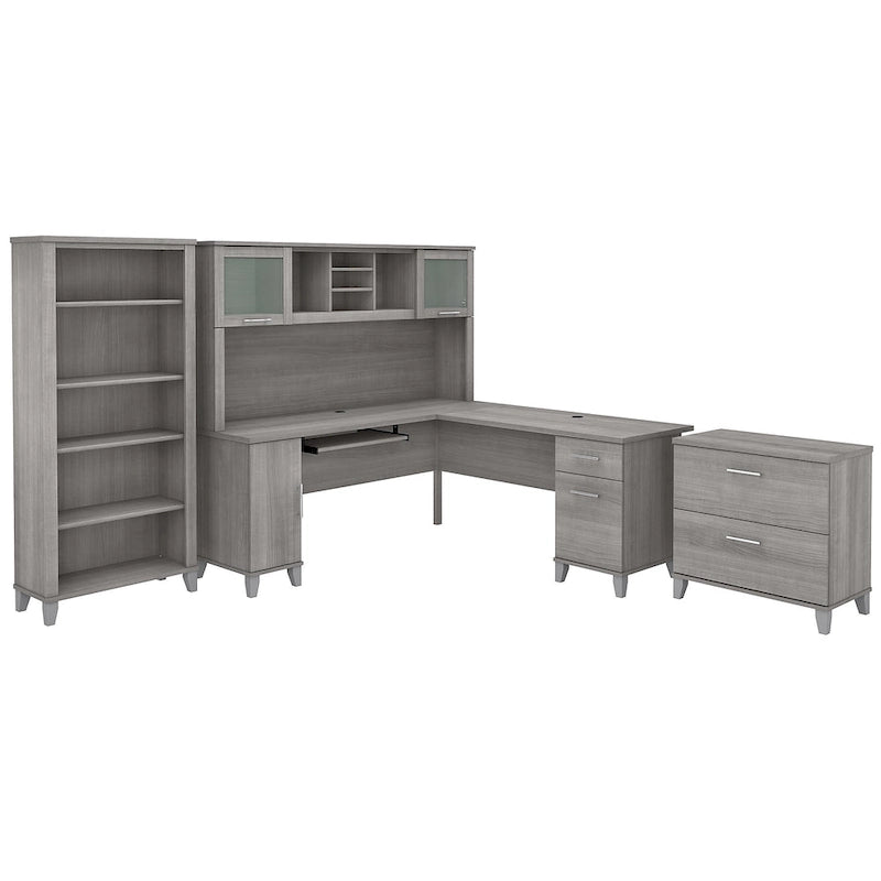 Scrivania angolare a L da 72" con pensile, armadietto e libreria, colore grigio