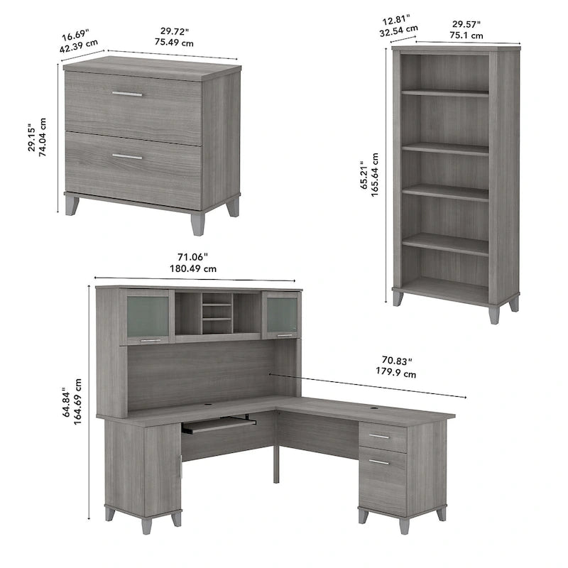 Scrivania angolare a L da 72" con pensile, armadietto e libreria, colore grigio