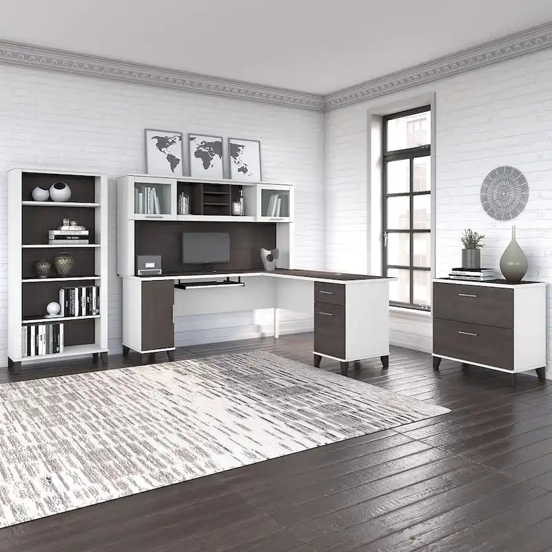 Scrivania angolare a L da 72" con pensile, armadietto e libreria, colore grigio