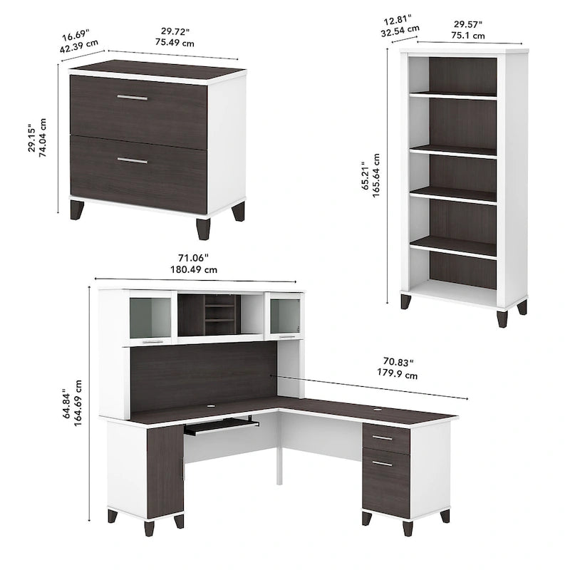 Scrivania angolare a L da 72" con pensile, armadietto e libreria, colore grigio