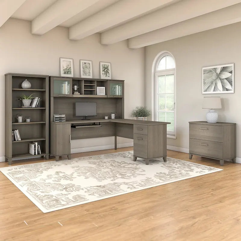 Scrivania angolare a L da 72" con pensile, armadietto e libreria, colore grigio