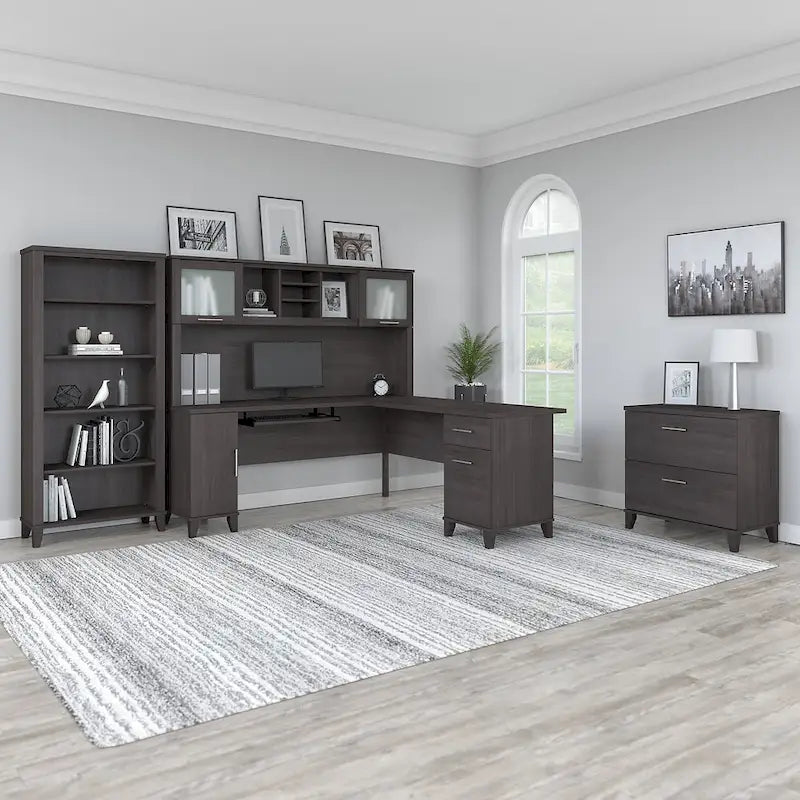 Scrivania angolare a L da 72" con pensile, armadietto e libreria, colore grigio