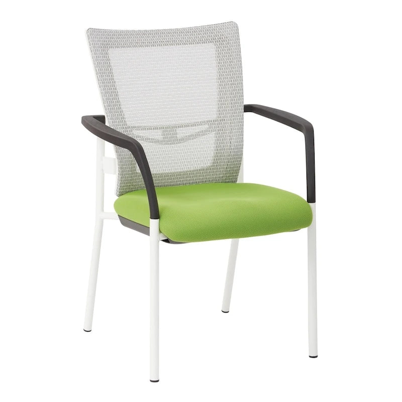 Sedia Visitatori con Schienale in Rete, Sedile Imbottito in Tessuto, Braccioli e Telaio con Finitura Bianca