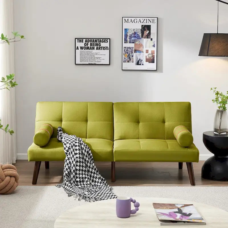 Divano letto futon convertibile con gambe in legno massello in tessuto di lino verde senape