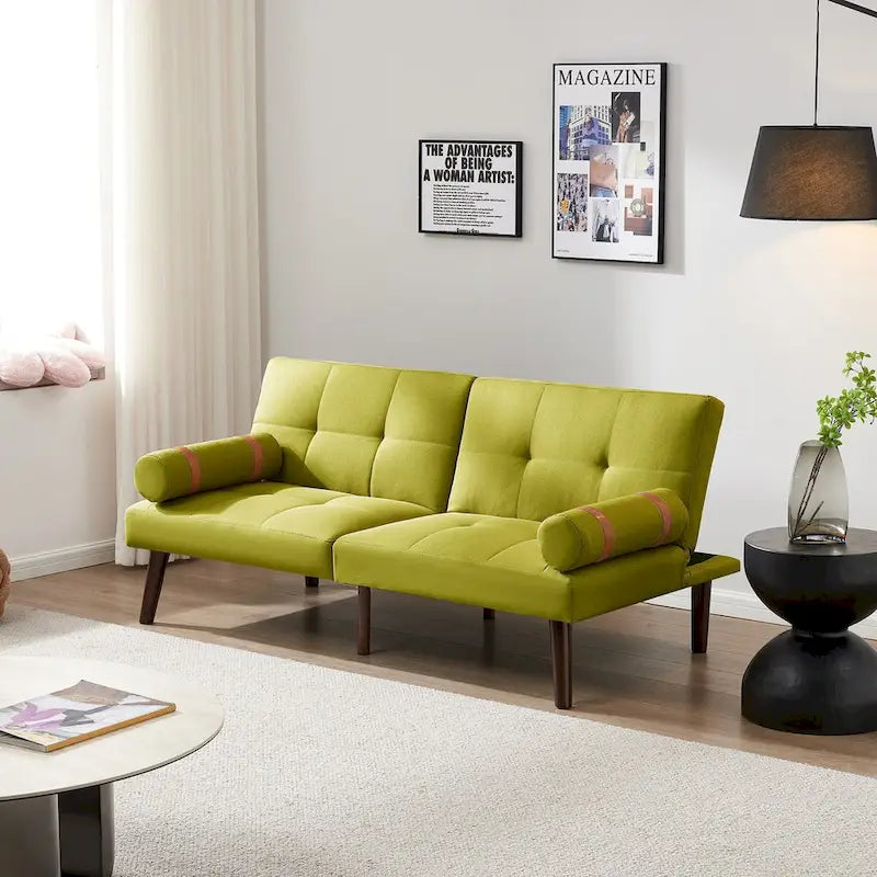 Divano letto futon convertibile con gambe in legno massello in tessuto di lino verde senape