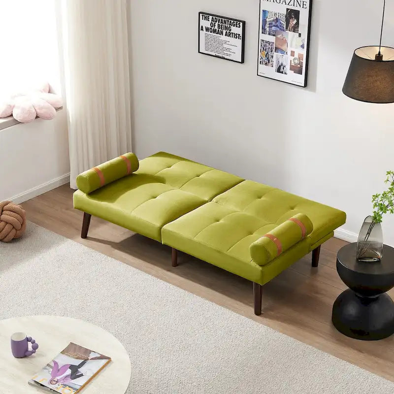 Divano letto futon convertibile con gambe in legno massello in tessuto di lino verde senape