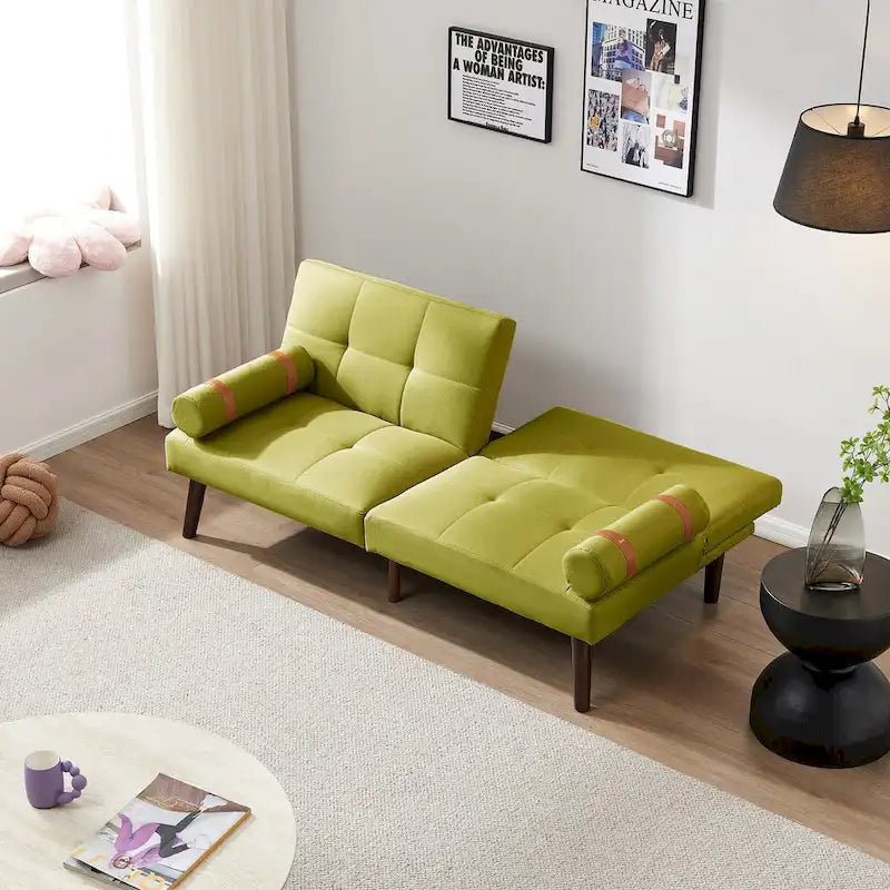 Divano letto futon convertibile con gambe in legno massello in tessuto di lino verde senape