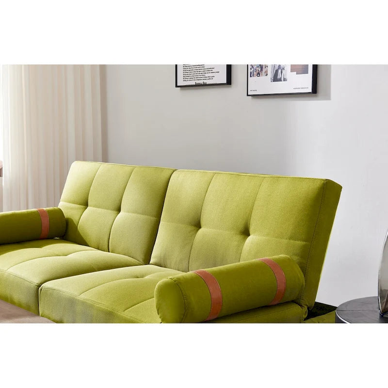 Divano letto futon convertibile con gambe in legno massello in tessuto di lino verde senape