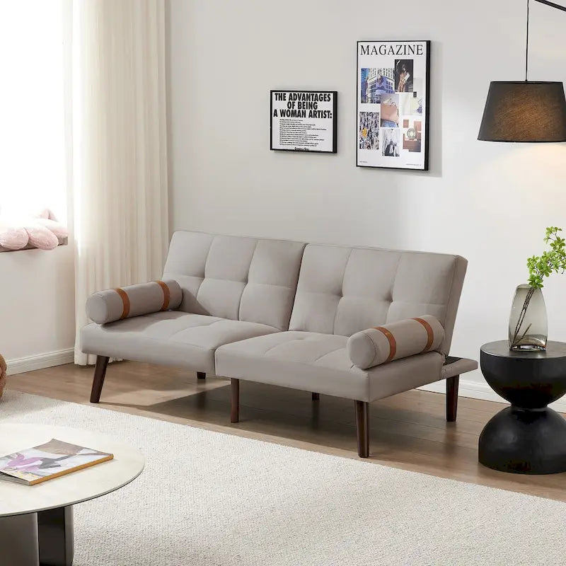 Divano letto futon convertibile con gambe in legno massello in tessuto di lino verde senape