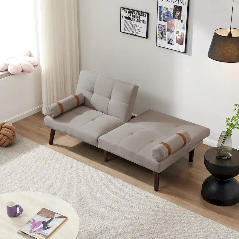 Divano letto futon convertibile con gambe in legno massello in tessuto di lino verde senape