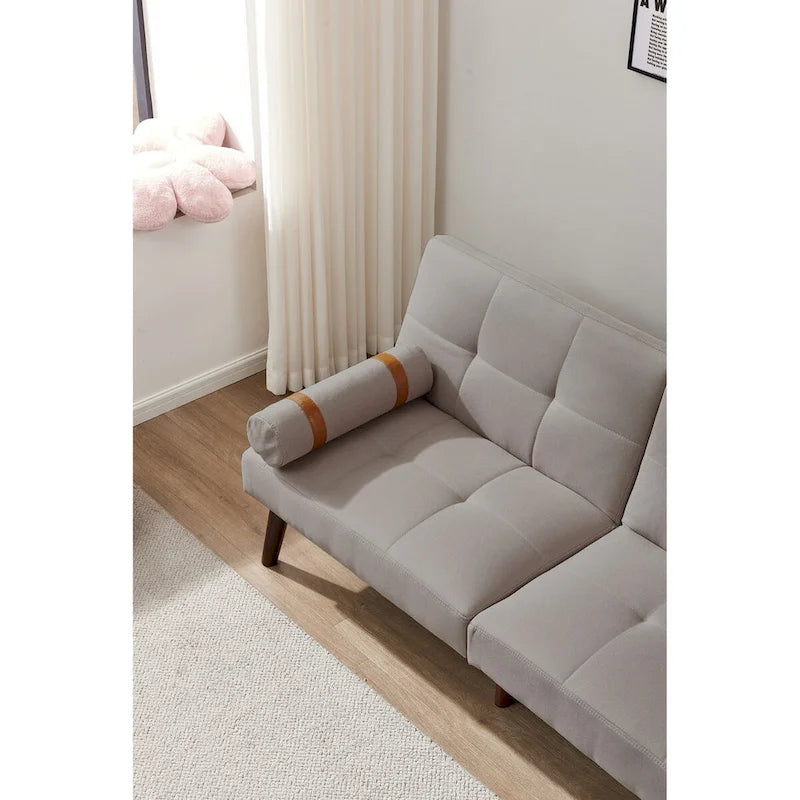 Divano letto futon convertibile con gambe in legno massello in tessuto di lino verde senape