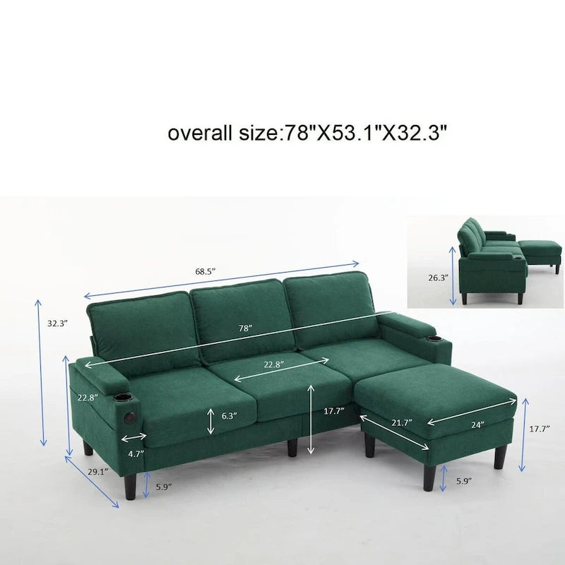 Divano a 3 posti imbottito con pouf contenitore per il soggiorno